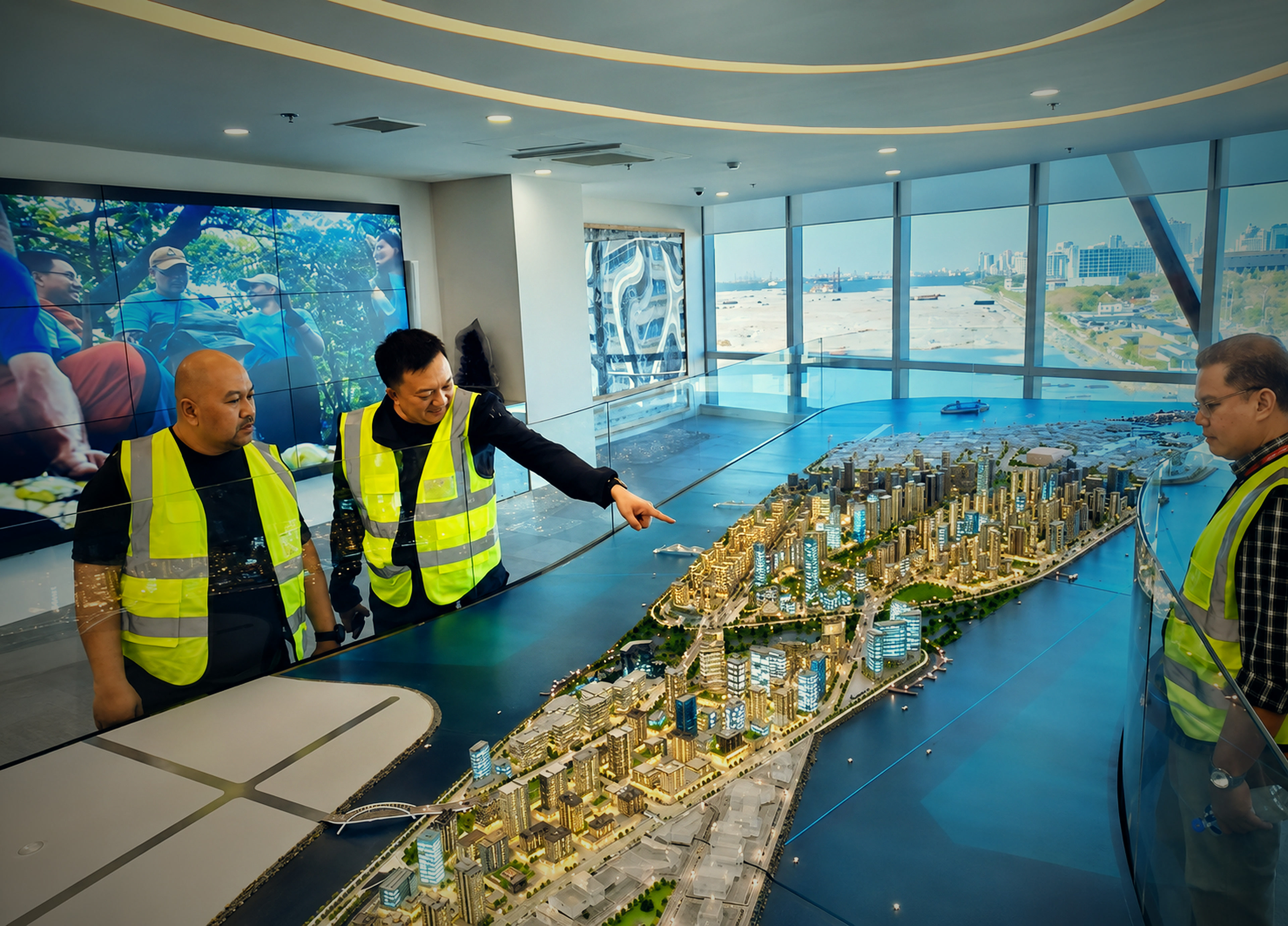 Norodin Yasin and partners reviewing a waterfront district scale model at the development showroom