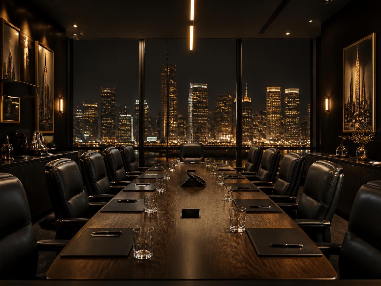 Executive boardroom overlooking a golden city skyline