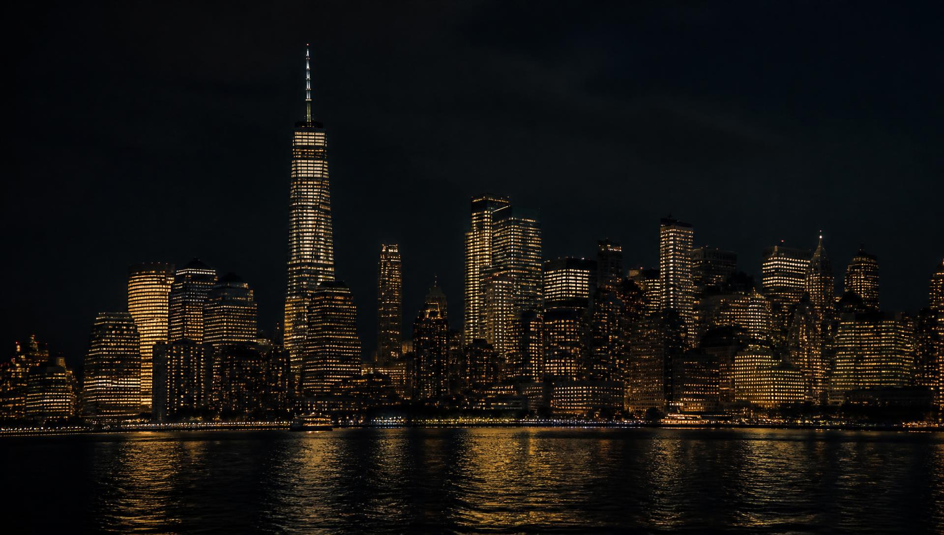 Manhattan skyline at night with golden lights
